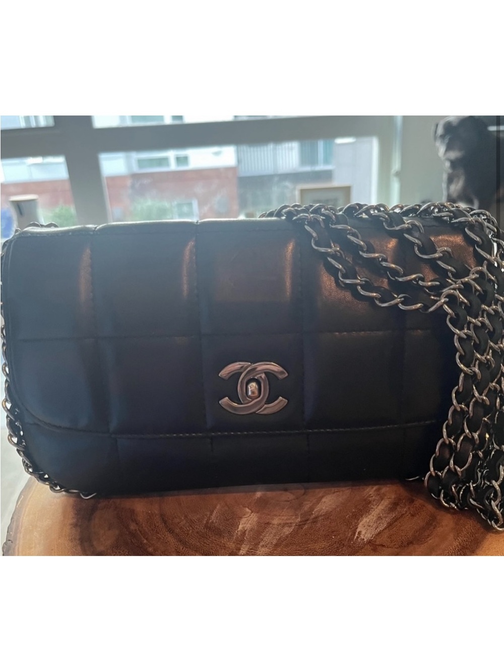 CHANEL Black Quilted Lambskin Shoulder Bag with Silver-Tone Chain